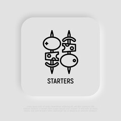 Starters, appetizers thin line icon. Canapes: cheese with olives. Modern vector illustration for restaurant menu.