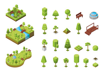 Vector isometric illustration. Concept of an ecological park, recreation areas with a fountain. Natural landscape, environment. Landscaped nature reserve, forest, grove. Trees  3d isometric icons - obrazy, fototapety, plakaty
