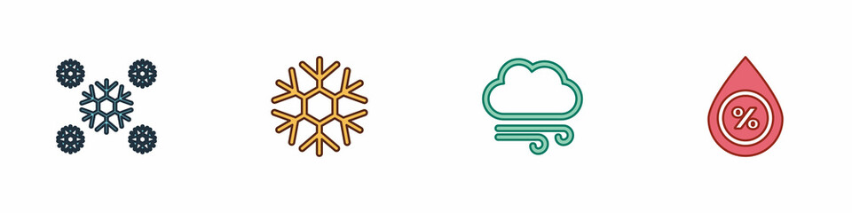 Set Snow, Snowflake, Windy weather and Water drop percentage icon. Vector
