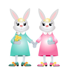 Easter bunny  smiling happily. The bunny wear dresses and hold Easter egg and flowers in their hands. Vector illustration for Easter cards and greetings.