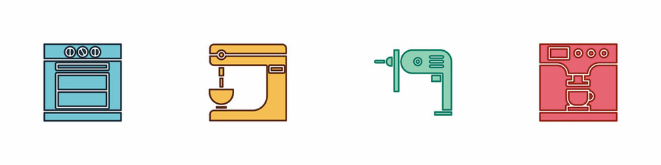Set Oven, Electric mixer, drill machine and Coffee and cup icon. Vector