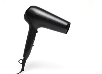 Closeup modern black hair dryer white background