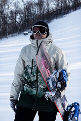 Fototapeta na wymiar Close-up vertical portrait of a young man holding a snowboard against the background of a snowy ski slope. Concept: winter, helmet, sunglasses,freedom, sportswear, sports, nature, vacations,extreme
