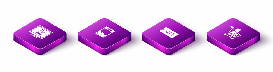 Set Isometric Shopping cart on computer, Certificate template, Price tag with text Sale and and food icon. Vector