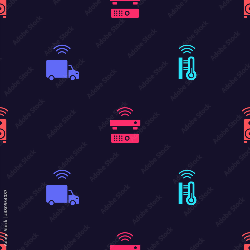 Poster set smart thermometer, truck, wireless tv box receiver and stereo speaker on seamless pattern. vecto