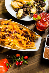 Colorful Food Appetizer Starts Snacks Fresh Delicious Menu Recipe Meal Meat Chicken Fries Fish Seafood Beer on a wooden table