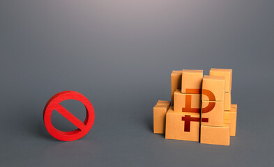 Russian ruble boxes and prohibition symbol NO. Ban on import goods. Impossibility of...
