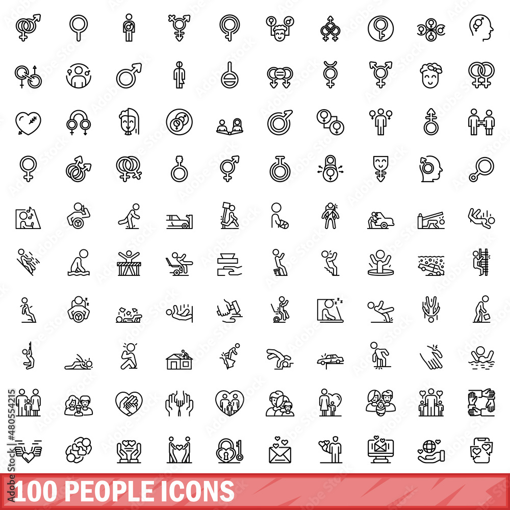 Wall mural 100 people icons set, outline style - Wall murals