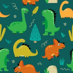 Fototapeta na wymiar Seamless pattern with funny dinosaurs on a dark turquoise background. Use for textiles, packaging paper, posters, backgrounds, decoration of childrens parties. Vector illustration