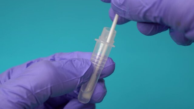 Doctor or nurse insertig a swab into an extraction tube, in the process of a antigen test