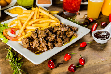 Colorful Food Appetizer Starts Snacks Fresh Delicious Menu Recipe Meal Meat Chicken Fries Fish Seafood Beer on a wooden table