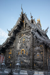 Thai style silver carving art on Thai temple wall, Wat Sri Suphan