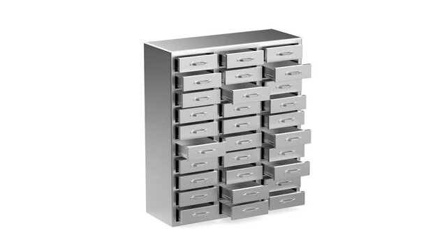 Opening and closing the drawers on the metal file cabinet