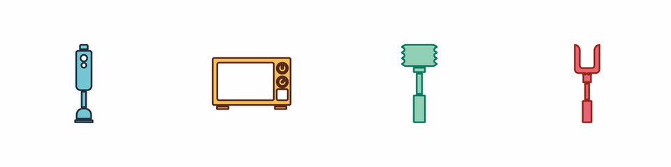 Set Blender, Microwave oven, Kitchen hammer and Barbecue fork icon. Vector