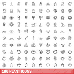 100 plant icons set, outline style