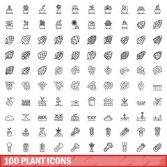 100 plant icons set, outline style