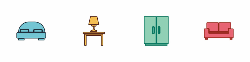 Set Big bed, Table lamp on table, Wardrobe and Sofa icon. Vector