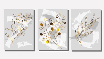 Golden background flowers and herbs vector poster. Luxurious floral art deco. Golden natural pattern Vector illustration. 