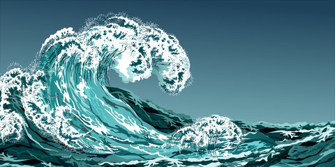 Sea wave in oriental vintage style. Hand drawn realistic vector illustration on dark background.