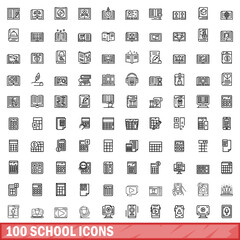 100 school icons set, outline style