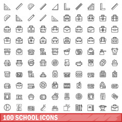 100 school icons set, outline style