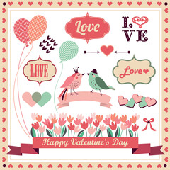 Romantic set of vector birds, flowers, ribbons and lettering.
