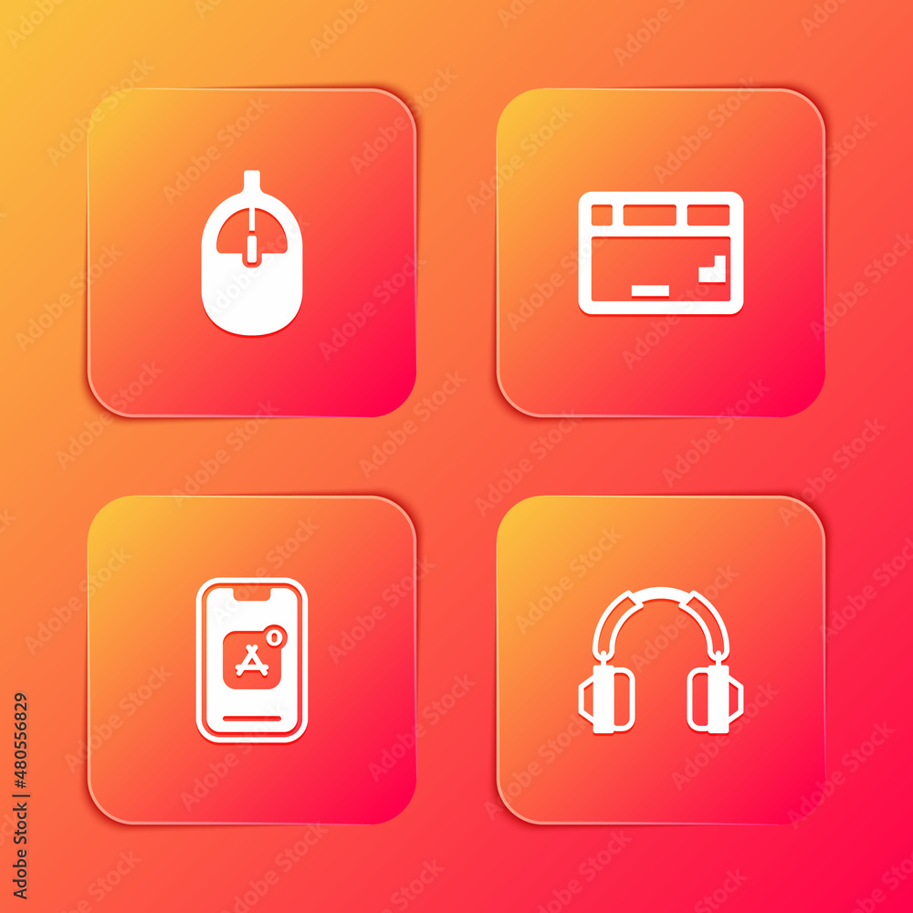 Poster set computer mouse, keyboard, mobile apps and headphones icon. vector