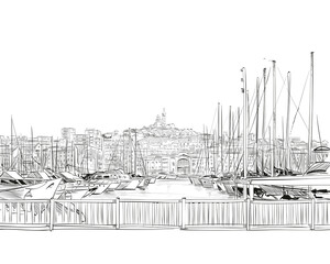 France. Marseille. Old port. Notre-Dame de la Garde. Hand drawn sketch. Vector illustration.