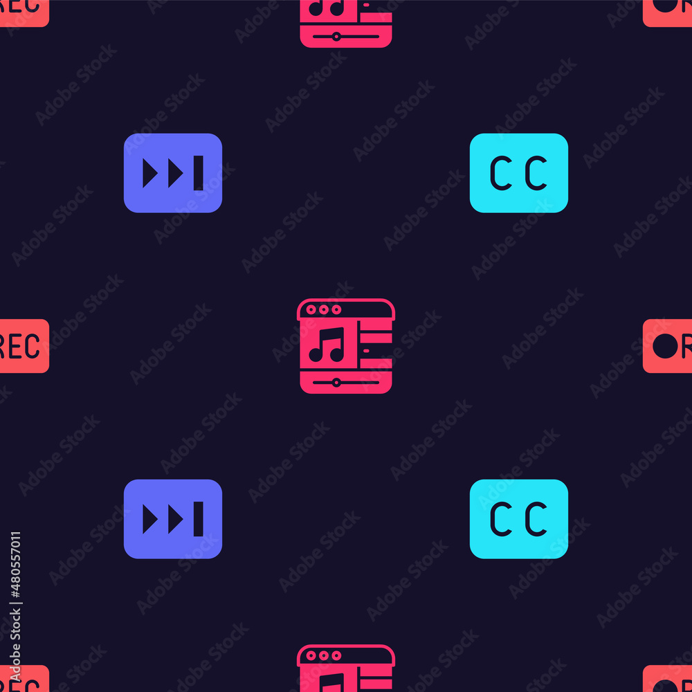 Poster set subtitles, fast forward, music player and record button on seamless pattern. vector