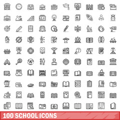 100 school icons set, outline style