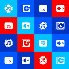 Set Speaker mute, Vinyl player with vinyl disk, Add to playlist and volume icon. Vector