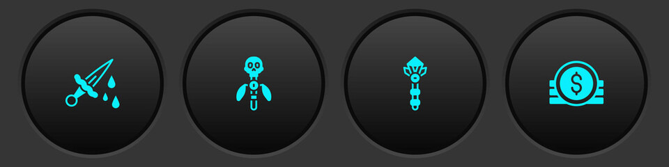 Set Sword with blood, Magic staff, wand and Ancient coin icon. Vector
