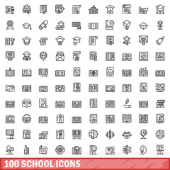 100 school icons set, outline style