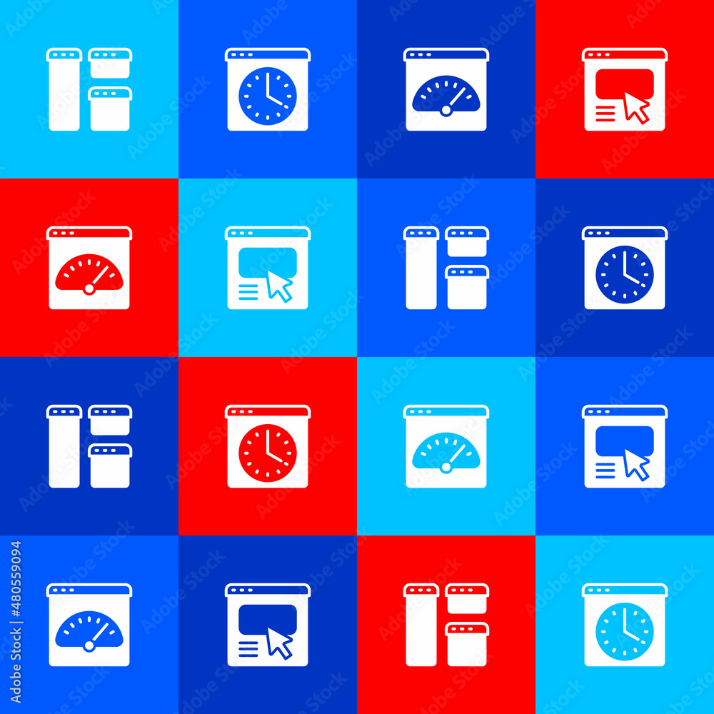 Poster set browser window, digital speed meter and ui or ux design icon. vector