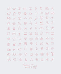 Minimalist linear icons for business drawing with red lines on white background.