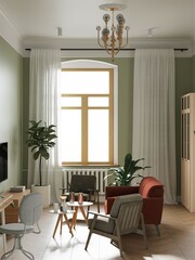 modern design of the living room with high ceilings, green walls, kitchen-living room, white kitchen, bright sofa, many plants, interior with plants