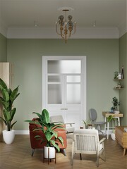 modern design of the living room with high ceilings, green walls, kitchen-living room, white kitchen, bright sofa, many plants, interior with plants