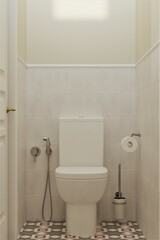 Fototapeta na wymiar renovation in the bathroom, light walls, high ceilings, bath well, stucco molding, light tiles