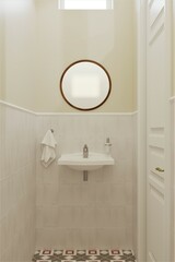 renovation in the bathroom, light walls, high ceilings, bath well, stucco molding, light tiles