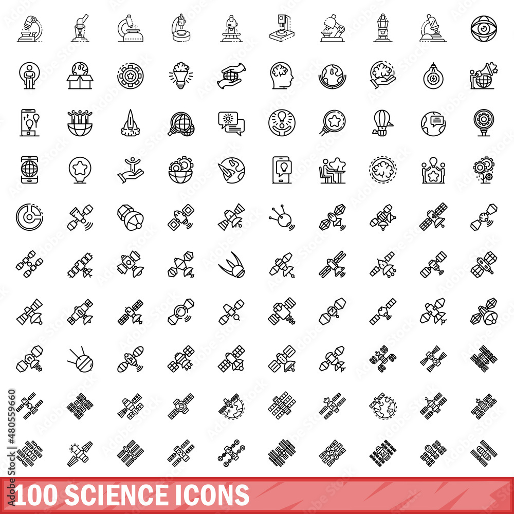 Wall mural 100 science icons set, outline style - Wall murals