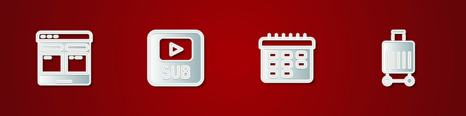 Set Online translator, Video with subtitles, School timetable and Suitcase icon. Vector