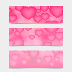 3d Hearts vector background. Set of 3 banners for Valentines Day. Perfect template for website, social media, etc.