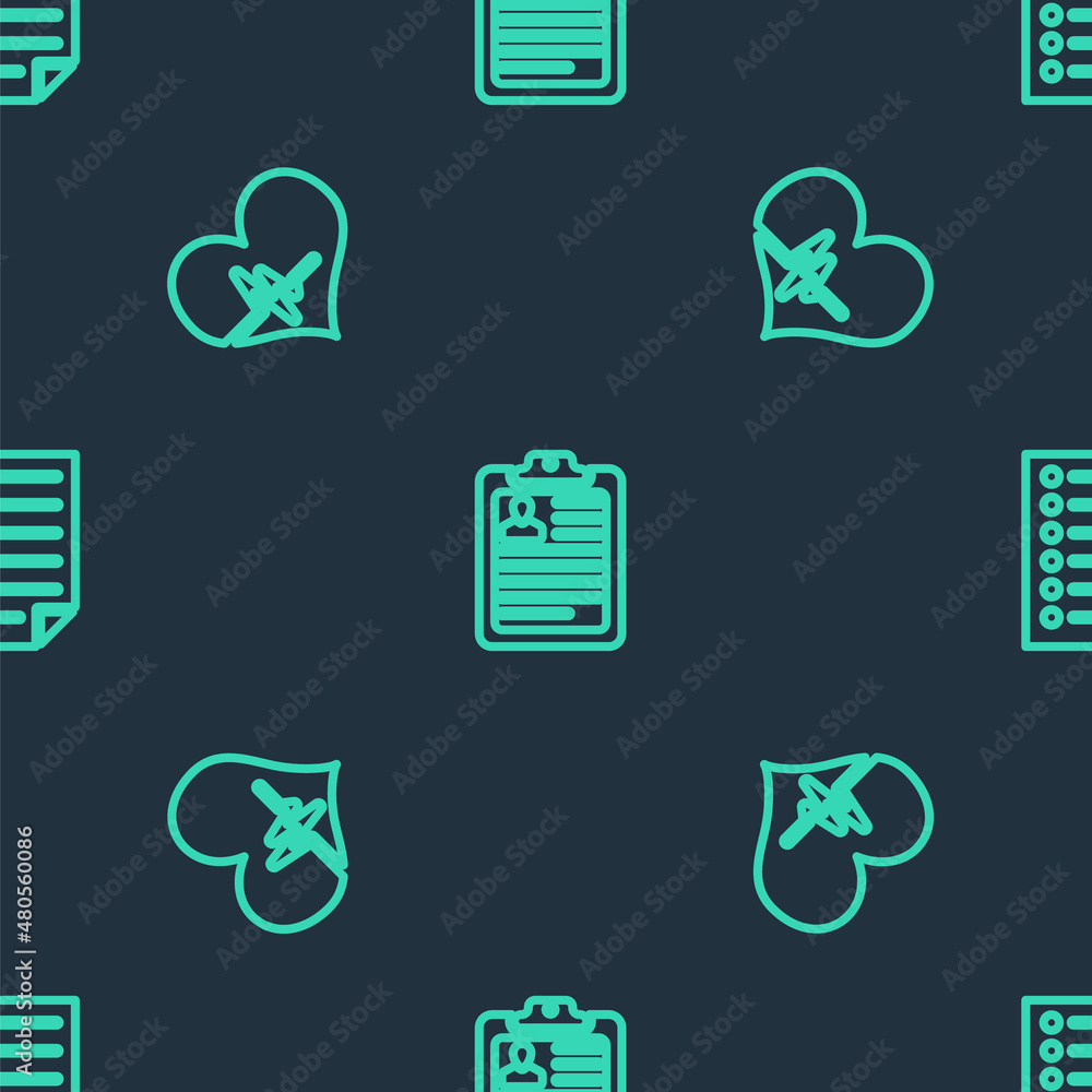 Poster set line clipboard with resume, heart rate and document on seamless pattern. vector