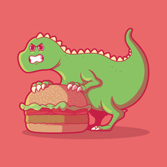 Cute Dino holding a Burger vector illustration. Food, animal, brand design concept. 