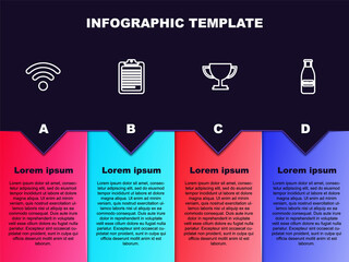 Set line Wi-Fi wireless network, Clipboard with document, Trophy cup and Glass bottle milk and cap. Business infographic template. Vector