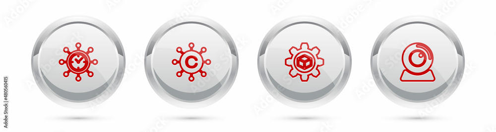 Poster set line clock and gear, copywriting network, product development and web camera. silver circle butt