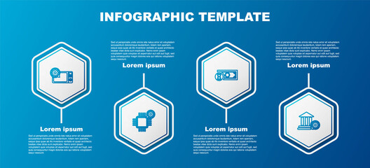 Set line Microwave oven setting, Processor, Fast payments and Bank building. Business infographic template. Vector