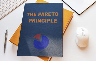 The pareto principle book illustration, office background, top view.