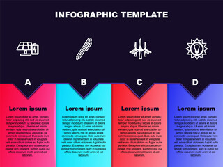 Set line Solar energy panel and battery, Pen, Wind turbines and . Business infographic template. Vector