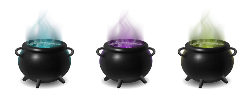 3d realistic icon. Black witch cauldrons on campfire with wood with inside magical bubling green, purple, blue potion. Isolated on white background.